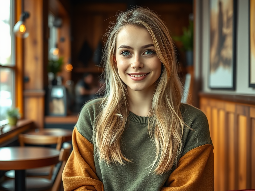 Een jonge vrouw met lang, blond haar en een glimlach, zittend in een café met houten interieur.