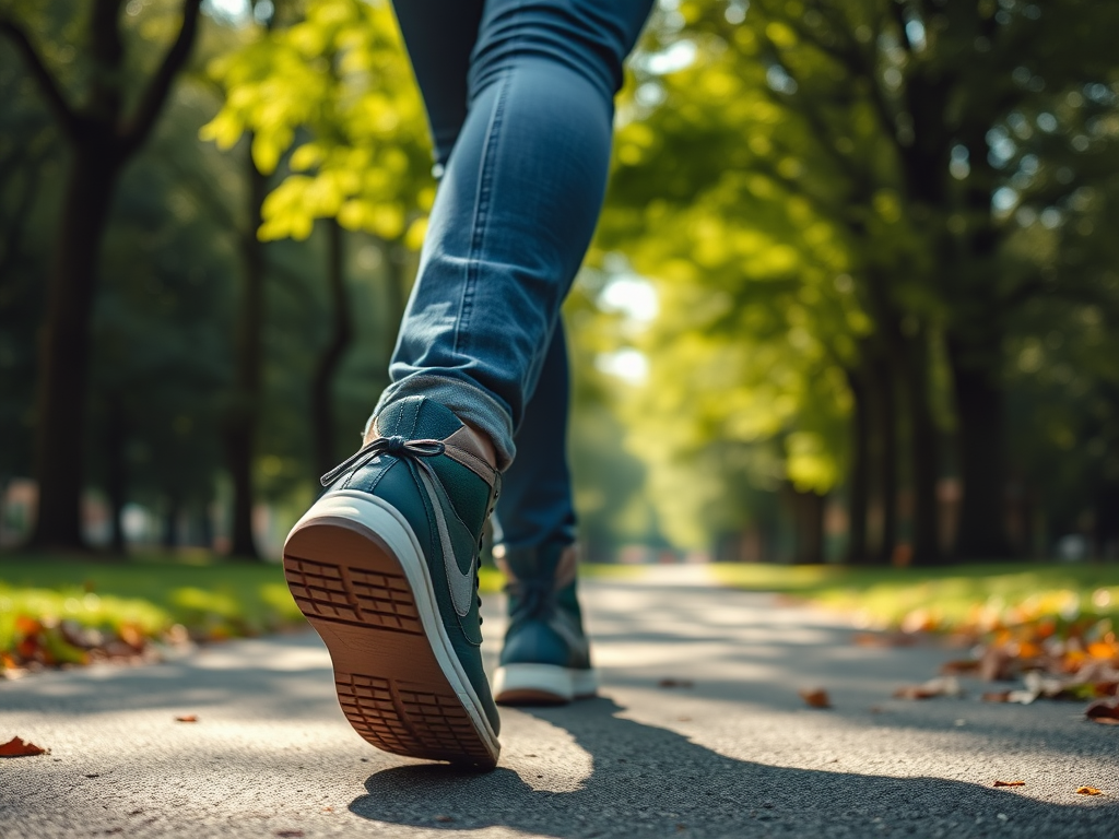 Iemand loopt over een pad omringd door bomen, met een focus op de schoenen en de weg voor hen.