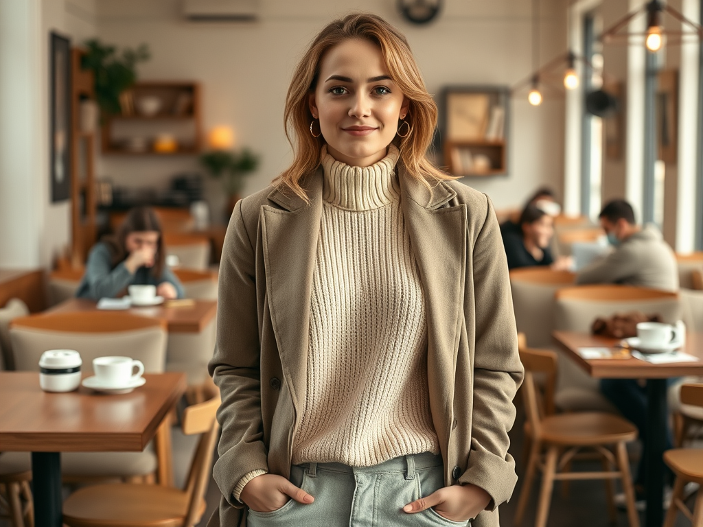 Een vrouw in een café met een beige jas en trui, glimlachend, terwijl anderen aan tafels zitten.