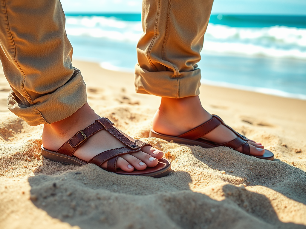 Een paar voeten in bruin leren sandalen staan op het zand bij de zee, met golven op de achtergrond.