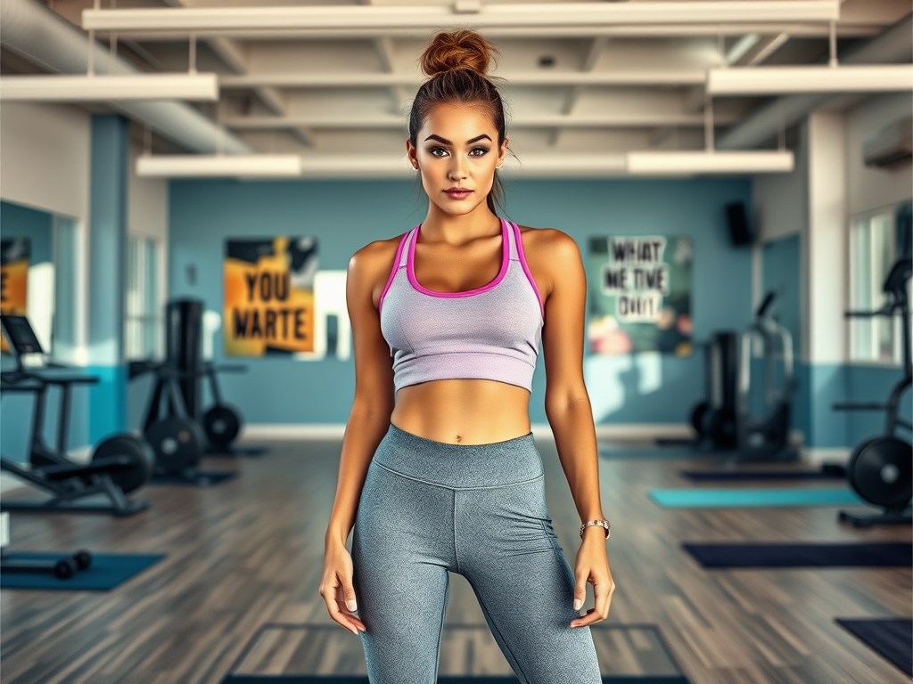 Een jonge vrouw in sportkleding poseert in een moderne sportschool met fitnessapparatuur op de achtergrond.