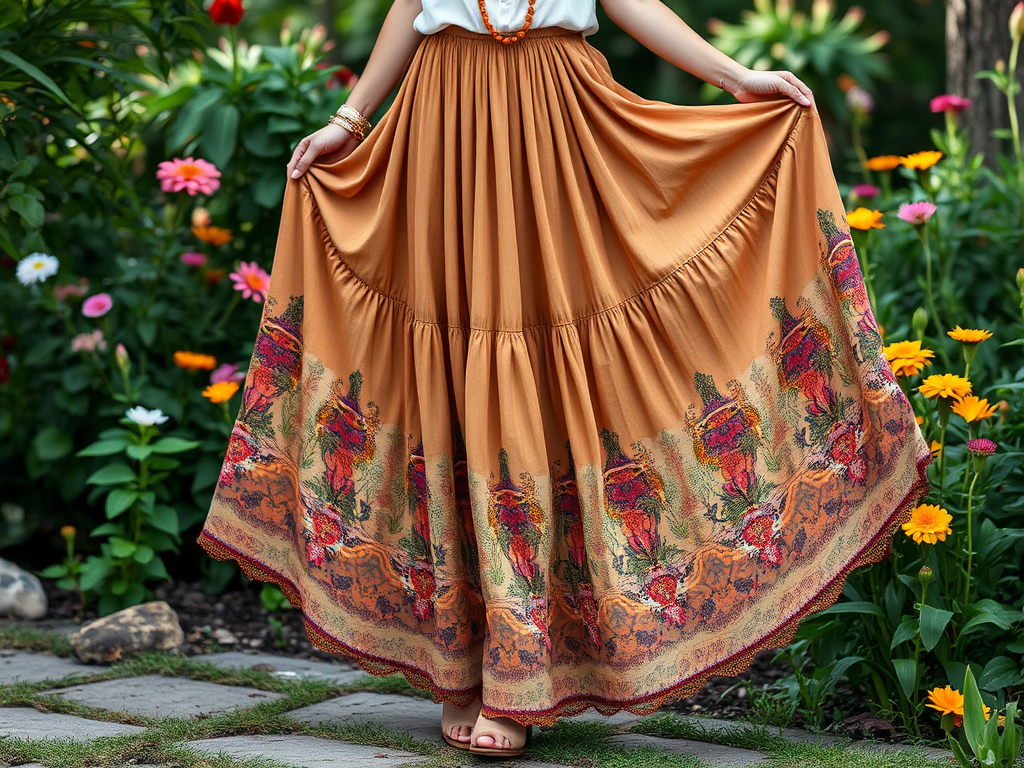 Een persoon in een bloemenrijke tuin draagt een lange, oranje rok met kleurrijke borduursels aan de onderkant.