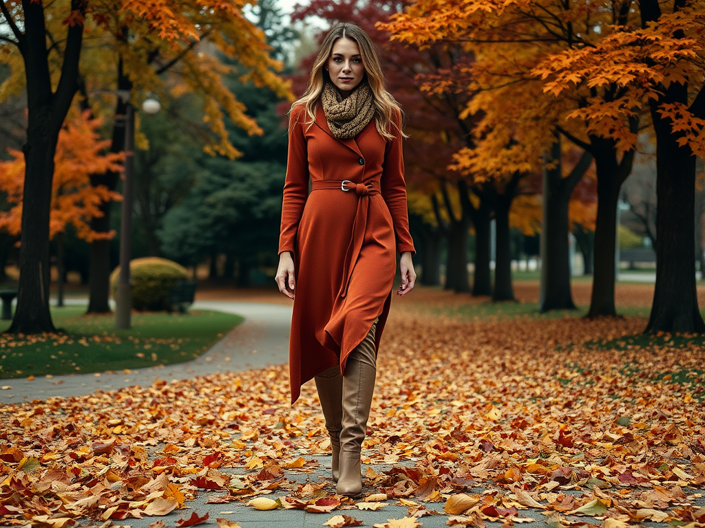 Een vrouw in een oranje jurk en sjaal wandelt over een pad bedekt met herfstbladeren in een park.