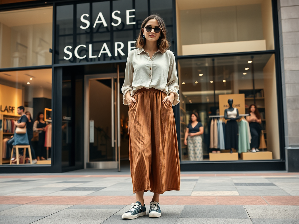 Een vrouw in een lichte blouse en een lange oranje rok staat voor een kledingwinkel, met andere shoppers op de achtergrond.