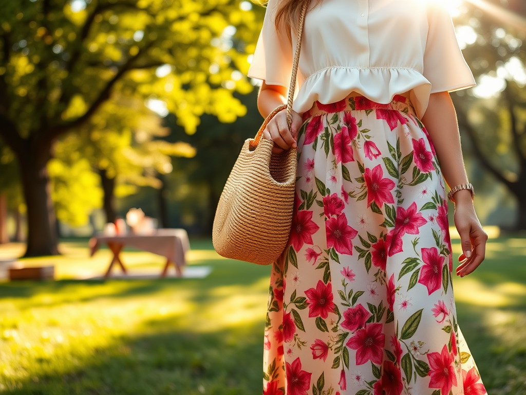 Een vrouw in een bloemenrok en blouse loopt door een zonnig park, met een tas in haar hand.